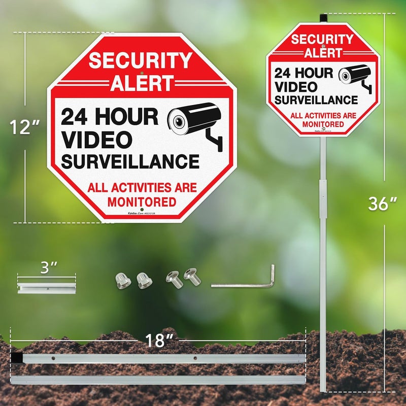 Faittoo Security Sign Video Surveillance Sign with 36" Stake for Outside, 12"x12" Rust Free Heavy Aluminum, Reflective, Fade Resistant, 2 pre-drilled holes, Includes Matching Screws & Wrench - Image 2